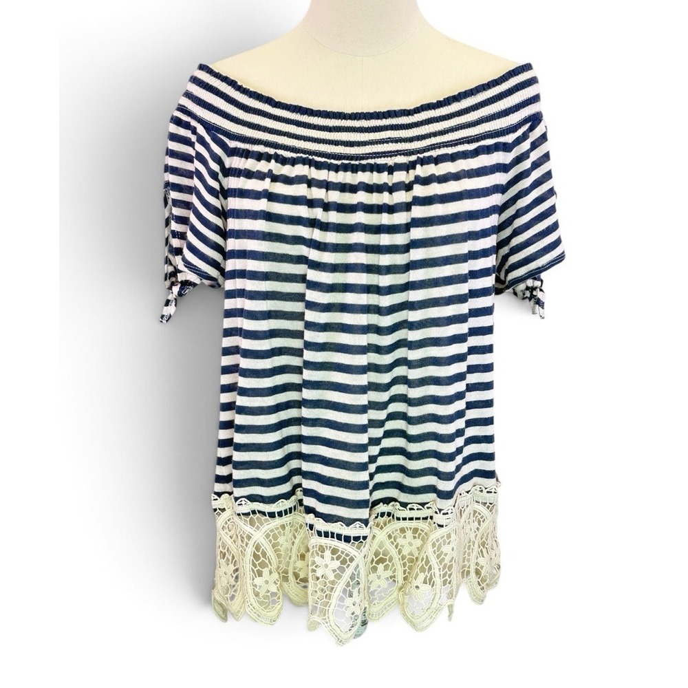 Jolt Womens Blue Cream Stripe Off The Shoulder Lace Trim Blouse Top XL
